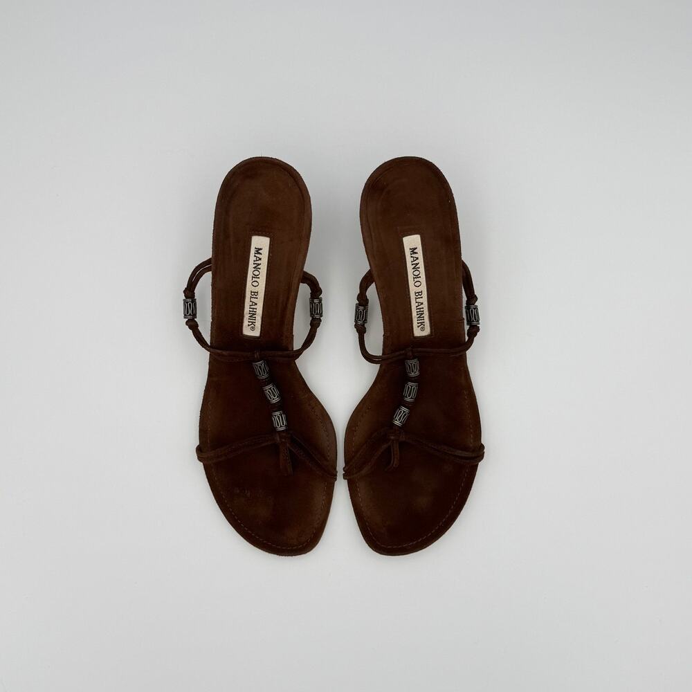Manolo Blahnik Brown Suede Beaded Sandals Size 38 - Picture 2 of 5